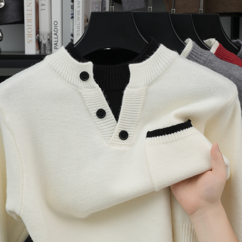 Men'S Fashion V Neck Sweater - Herentrui met nep-tweedelige gebreide uitstraling, lange