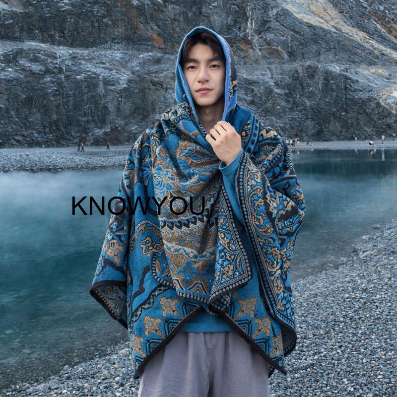 Mens Fashion Poncho - Dikke reissjaal voor heren met hoed,